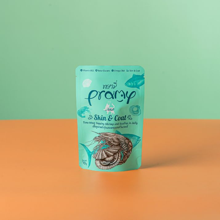 Pramy Adult Skin & Coat Tuna with Shrimp & Scallop in Jelly (70g) (Pack of 5)